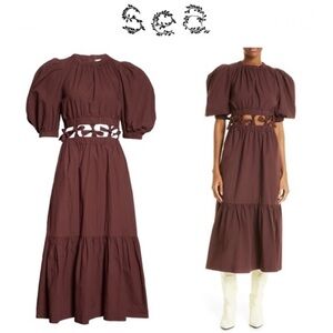 Sea NY Sloane Puff Sleeve Cut Out Midi Dress in Merlot XS NWT